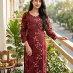Maroon Leaf Print Cotton Kurta
