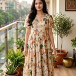 Beige Floral Tiered Midi Dress