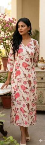 Beige Rose Floral Straight Kurta