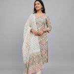 Olive Green & White Sheer Dupatta Suit Set
