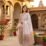 Pastel Pink Floral Kurti with Statement Border Dupatta