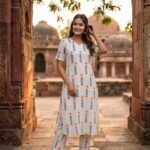 Printed White & Blue Flare Anarkali Set